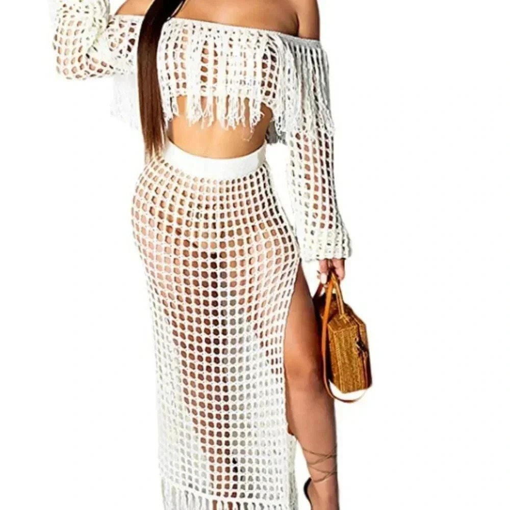EXCLUSIVECB LUXURY WOMENS WHITE LOUNGE SET CROP TOP W/ MAXI SKIRT